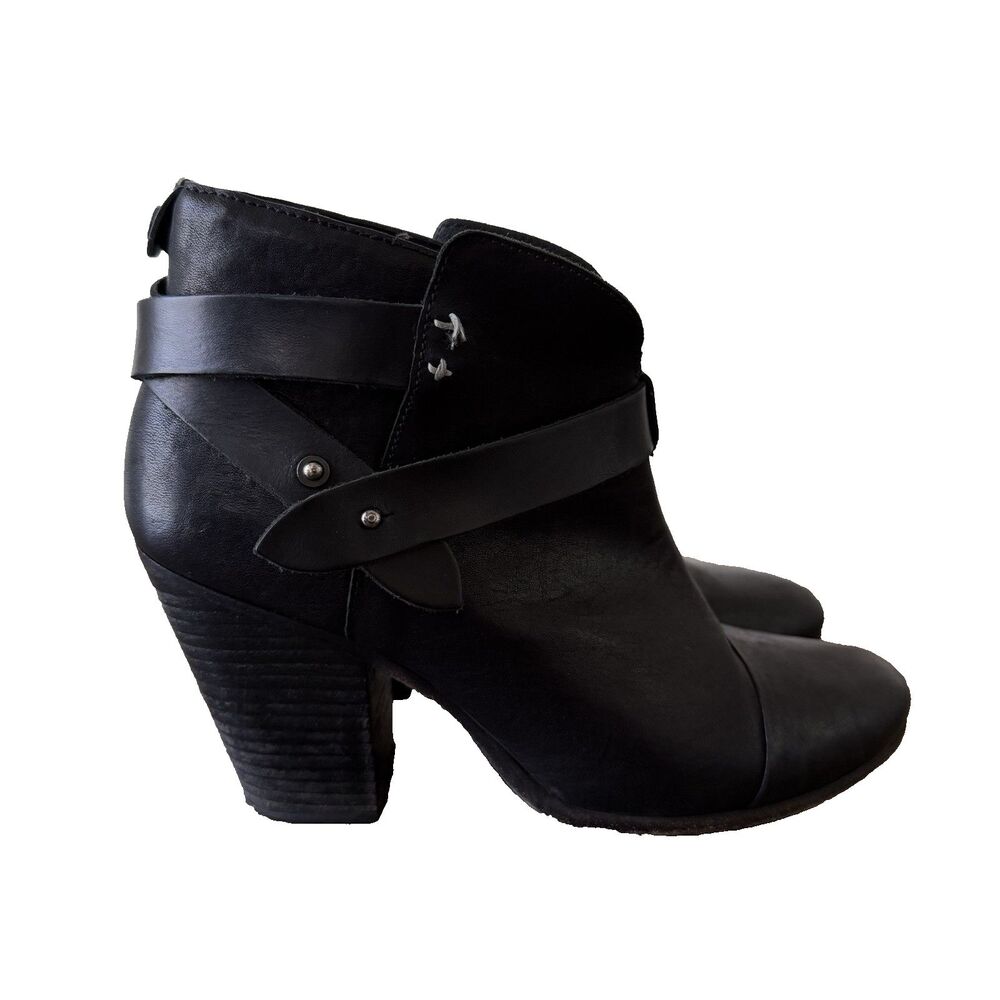 Rag & Bone Harrow Black Leather Ankle Boots Stacked Heel Biker Size 39